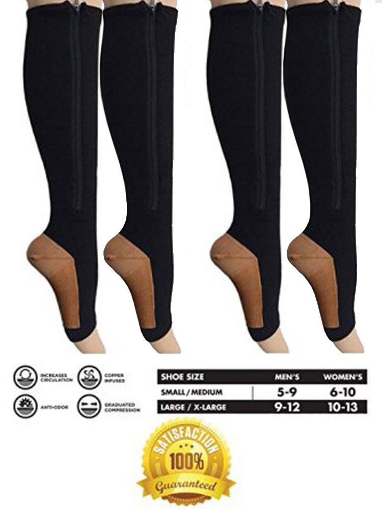 2 Pair Black Copper Infused Compression Socks with Zipper 2025 mmHg Open Toe for Women & Men