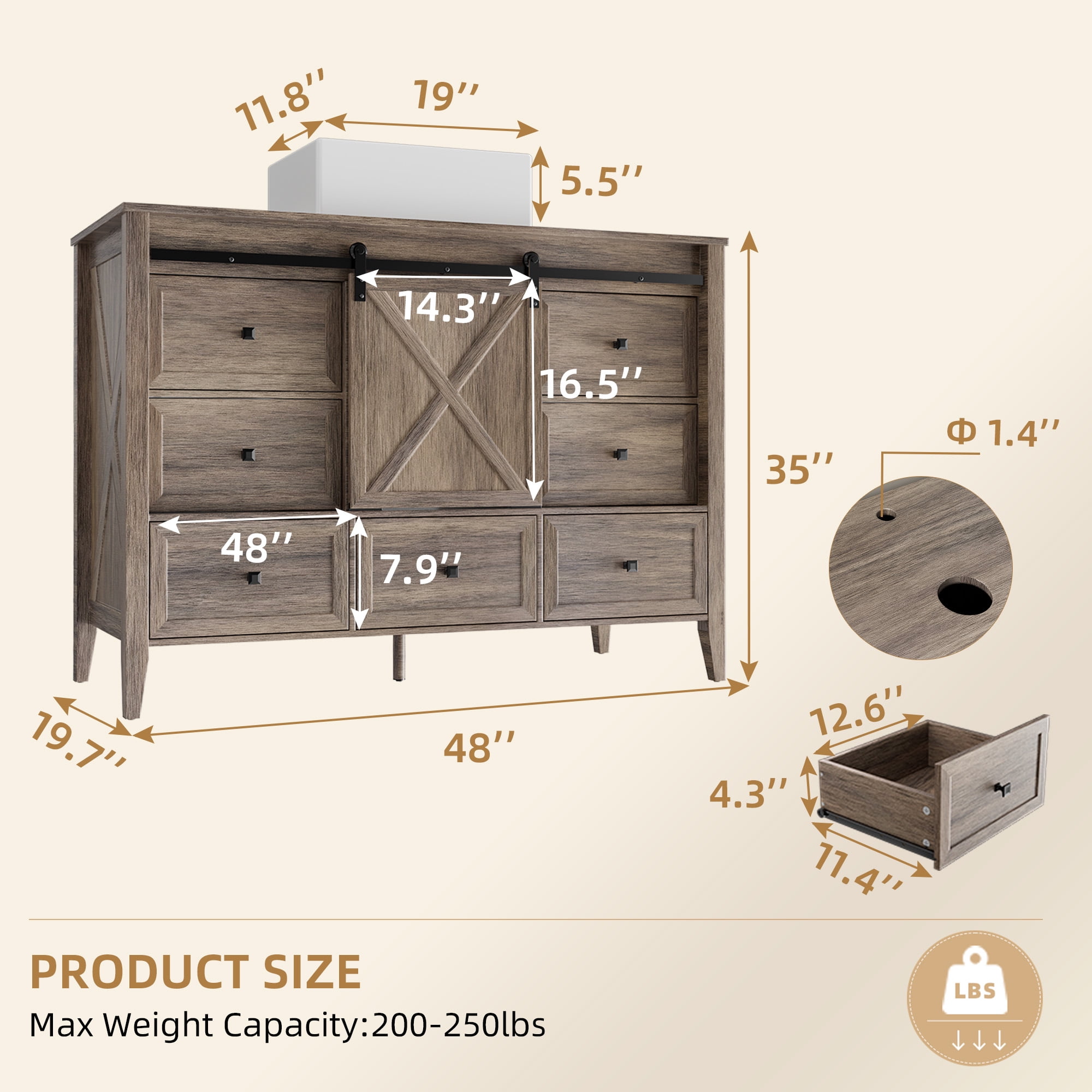 VNN Bathroom Vanity with Sink - 48 Inch Bathroom Vanity with Sink Ceramic, Freestanding Cabinet with Farmhouse Sliding Barn Door and 7 Drawers, Space-Saving Storage Cabinet, Grey Wood Grain Texture