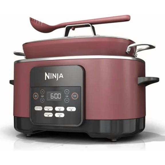 Foodi PossibleCooker PRO MC1000 8.5Qt Multicooker 8 in 1 Slow Cooker, Dutch Oven, Steam Bake Roast Sear Sauté Bread Maker Warmer, Glass Lid, Oven safe up to 500F, Nonstick (Cherry)