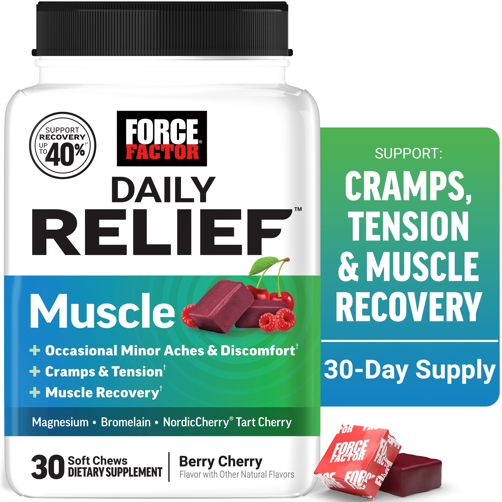 Force Factor Daily Relief Muscle Support, Magnesium Glycinate, Tart Cherry & Bromelain for Muscle Relaxation & Recovery, Berry Cherry, 30 Soft Chews