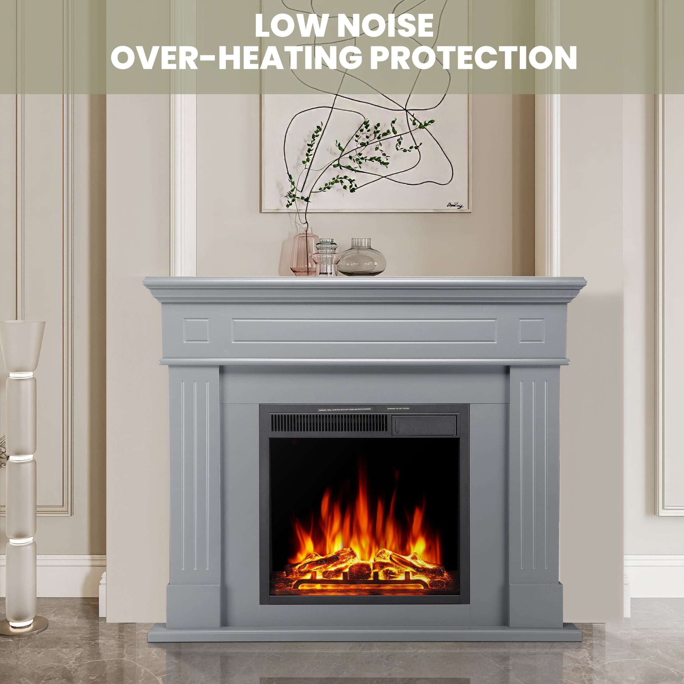 KISSAIR Electric Fireplace Mantel Package Wooden Surround Firebox TV Stand Free Standing Electric Fireplace Heater with Logs, Adjustable Led Flame, Remote Control, 750W-1500W, Grey