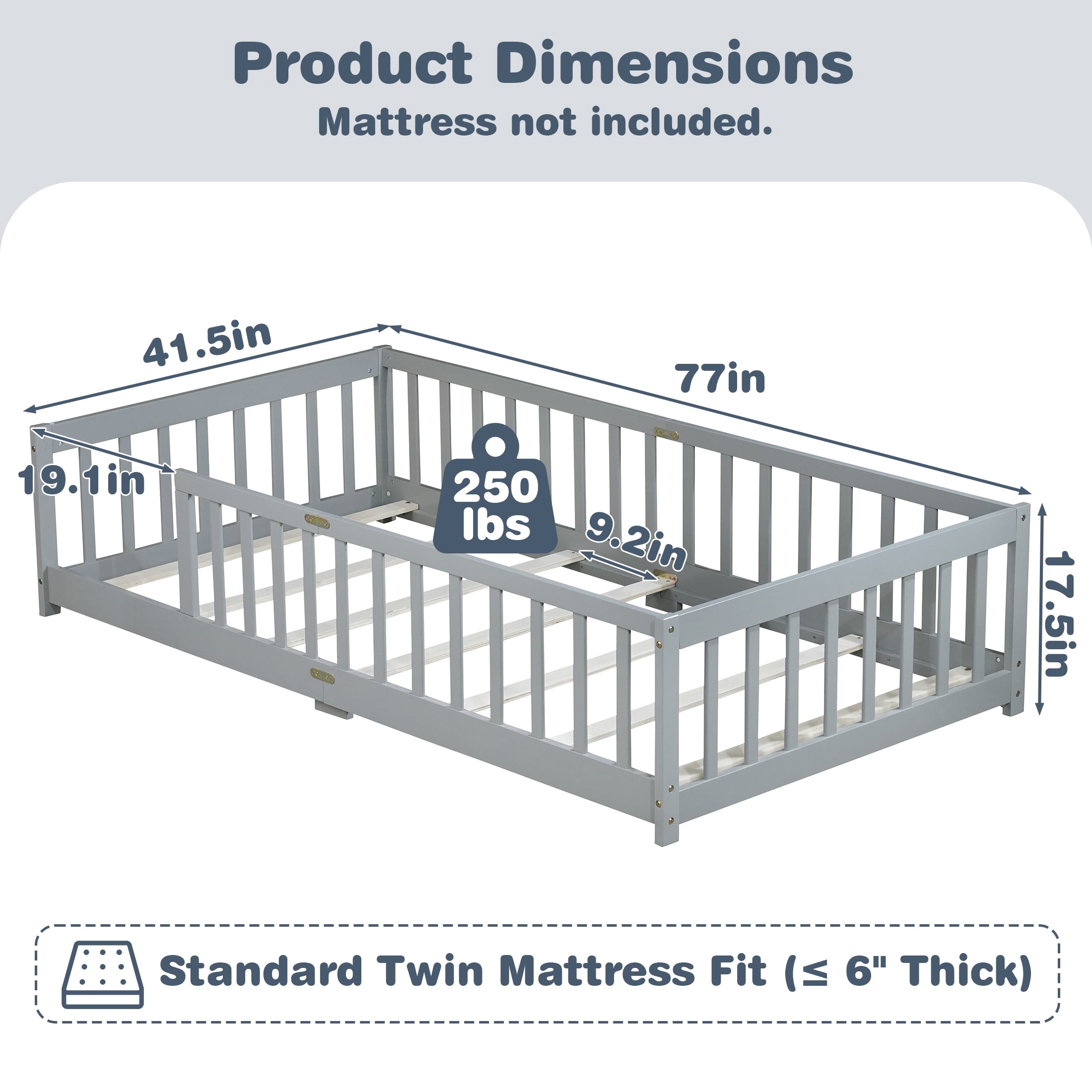 Sesslife Twin Montessori Floor Bed, Wood Twin Size Floor Bed Frame with Safety Guardrails and Slats, Low Profile Toddler Bed for Kids Boys and Girls, No Box Spring Needed, Grey