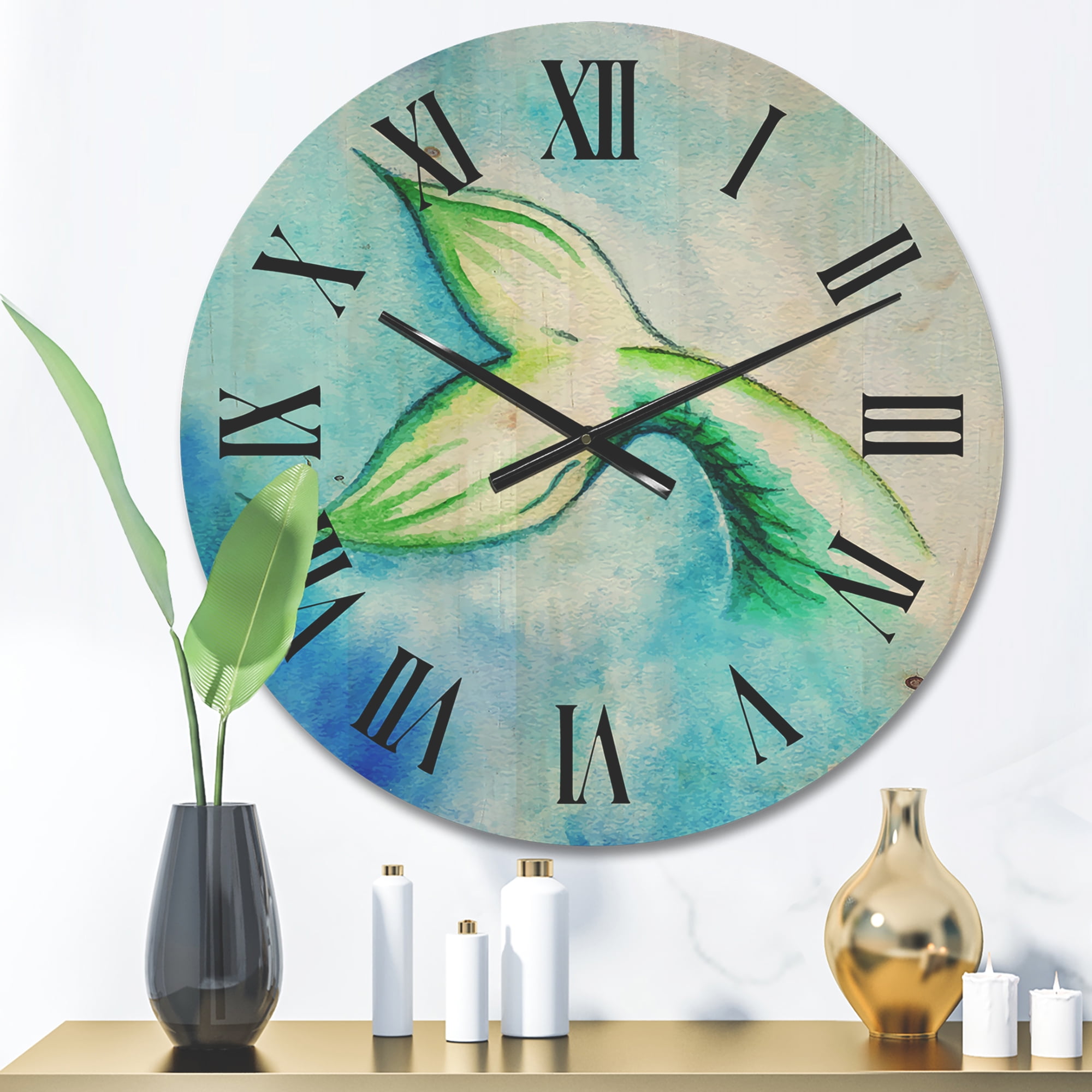 Designart 'Mermaid Green Fish Tail' Nautical & Coastal Wood Wall Clock