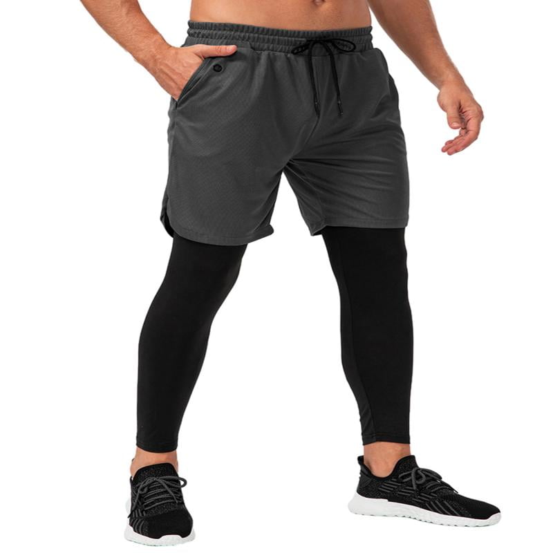 Men's 2 in 1 Running Pants Shorts with Pockets Gym Short Compression Tights  Training Sweatpants Workout Leggings 
