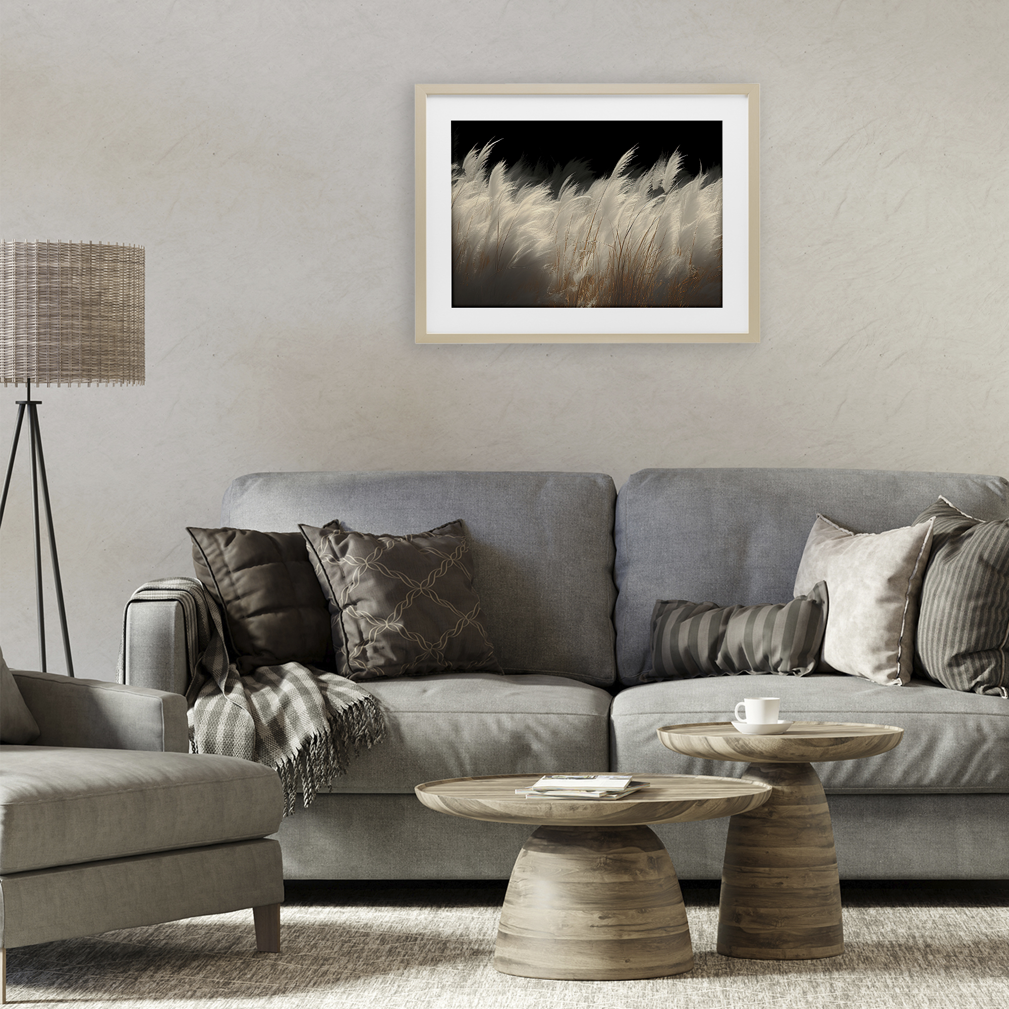 White Feathers Windblown Grasses Birch Framed Print Under Glass, design by Decent Exposures