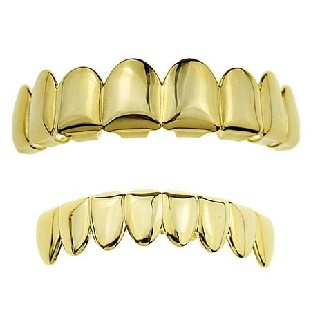 14k Gold Plated Grillz Set Eight Top Upper Teeth And 8 Bottom Eight Lower Plain Teeth Hip Hop