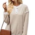 thumbnail image 6 of Wevis Autumn Henley Sweater for Women Color Block Button V-Neck Long Sleeve Knit Pullover Contrast Cuff Loose Daily Tops, 6 of 7