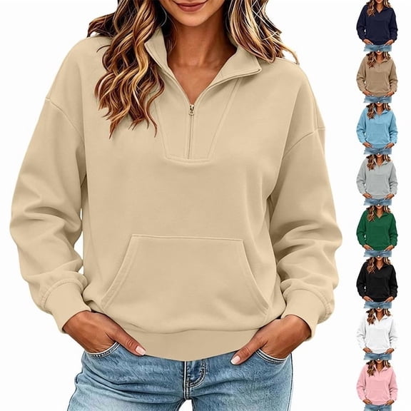 Vynhevius Women Mock Neck Sweatshirt Half Zip Long Sleeve Loose Casual Pullover Top With Pocket