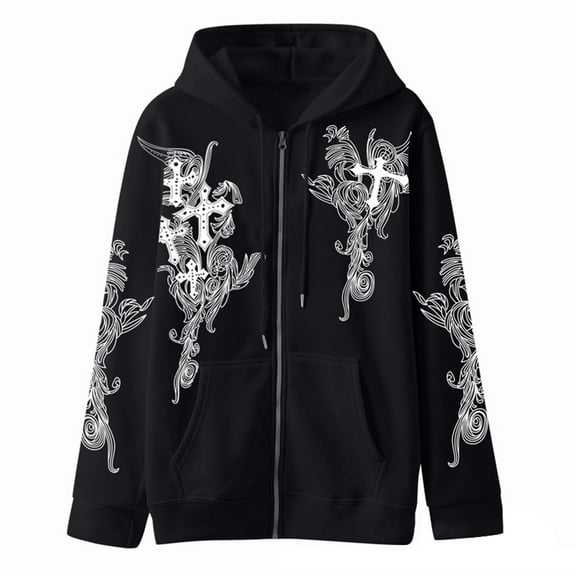 Womens Fashion Hoodies Zip Up Long Sleeve Cross Print Hooded Sweatshirt Casual Fall Jacket Winter Clothes