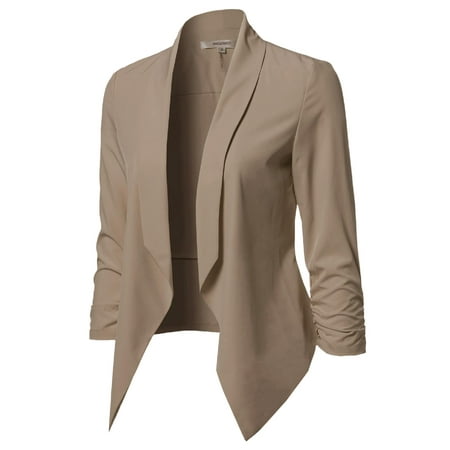 Solid Red Glass - FashionOutfit Women's Solid Lightweight Open Front Shirring Sleeve Blazer