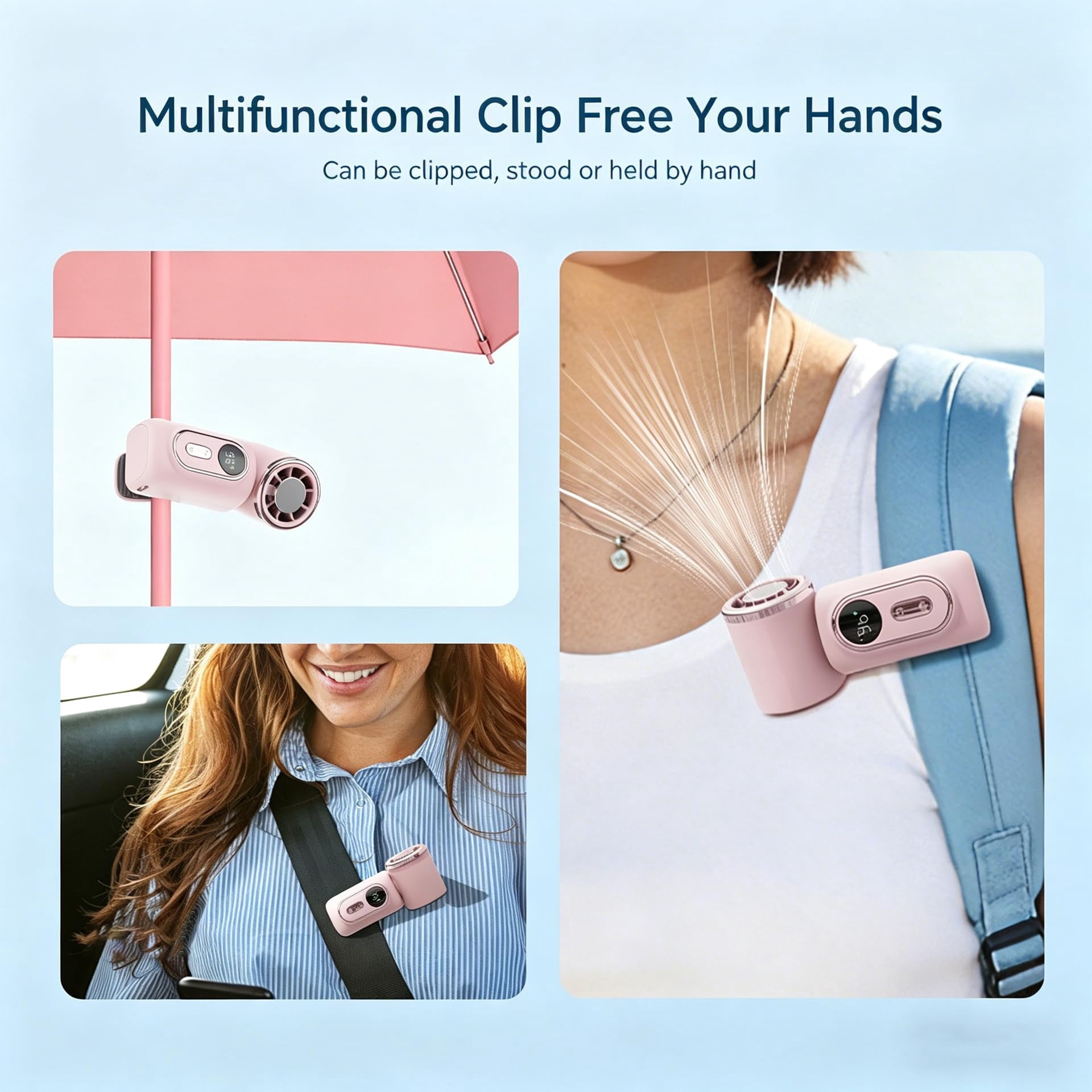 Mini Portable Handheld Clip Fan, 3-in-1 Rechargeable Mini Clip on Cooling Fan Car Air Conditioner Fan with LED Display, 5 Speeds, For Travel Outdoor Office