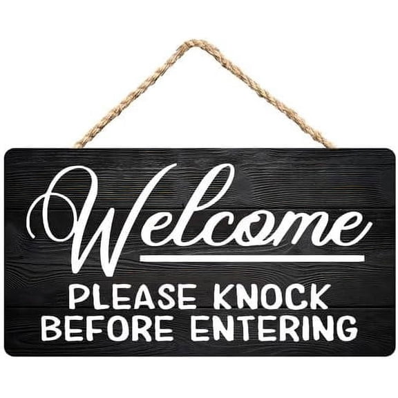 Zomyto Welcome Sign,Welcome Please Knock Before Entering Rustic Wooden Hanging Sign 12X6 In Door Hanging Plaques, black-1