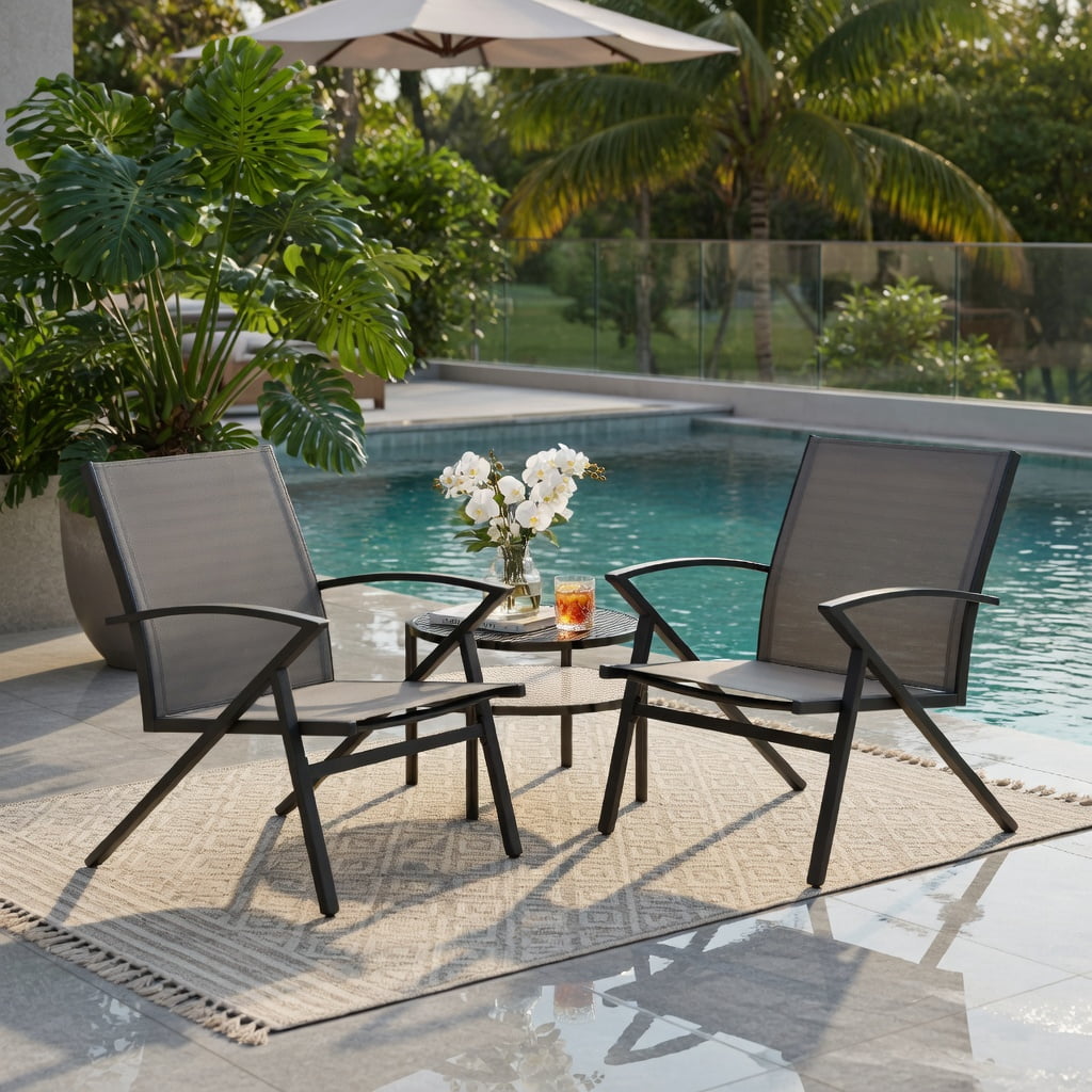 Hommoo 2-Pack Heavy-Duty Outdoor Patio Chairs, Metal Frame Lawn Chairs with Breathable Fabric, Adjustable Feet for Uneven Ground, Gray