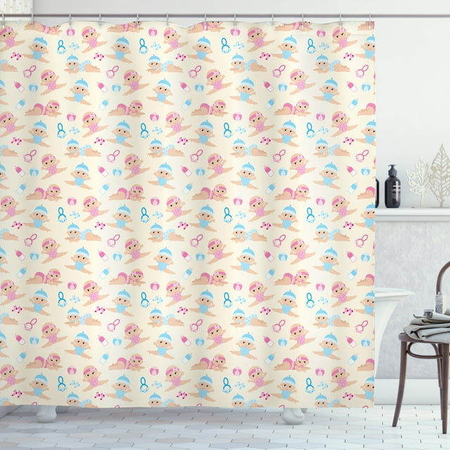 Ambesonne Cartoon Shower Curtain, Repetitive Little Ones Fun, 69"Wx75"L, Ivory Pink and Blue