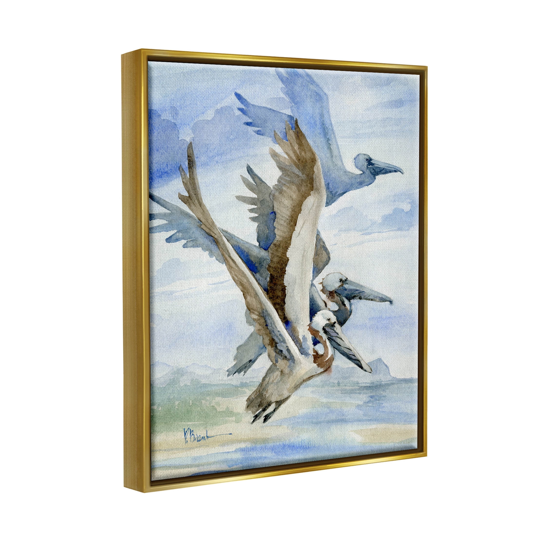 Stupell Industries Pelicans Aloft Bird Flight Trio Painting Metallic Gold Floating Framed Canvas Print Wall Art, Design by Paul Brent
