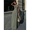 thumbnail image 2 of Womens Deep V Neck Zip Up Cap Sleeve Smocked Elastic Waist Split Summer Casual Midi Dress with Pockets  Green L, 2 of 6