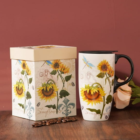 Topadorn Ceramic Mug Sunflower Coffee Cup with Gift Box Latte Mug with Lid, 17 oz Sunflower and Dragonfly