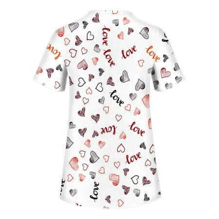 

XHJUN Scrub Tops Women Ceil Blue Casual Valentines Day with Hearts Short Sleeve Scrub Tops Love Heart Print White XL