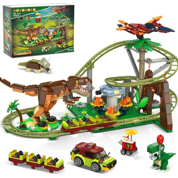 HOGOKIDS Ensemble de Construction de Montagnes Russes Dinosaures - Jouet de Construction de Montagnes Russes 1222 Pcs avec 4 Dinosaures, Véhicule Tout-Terrain, Chariot à Nourriture, Dinosaure