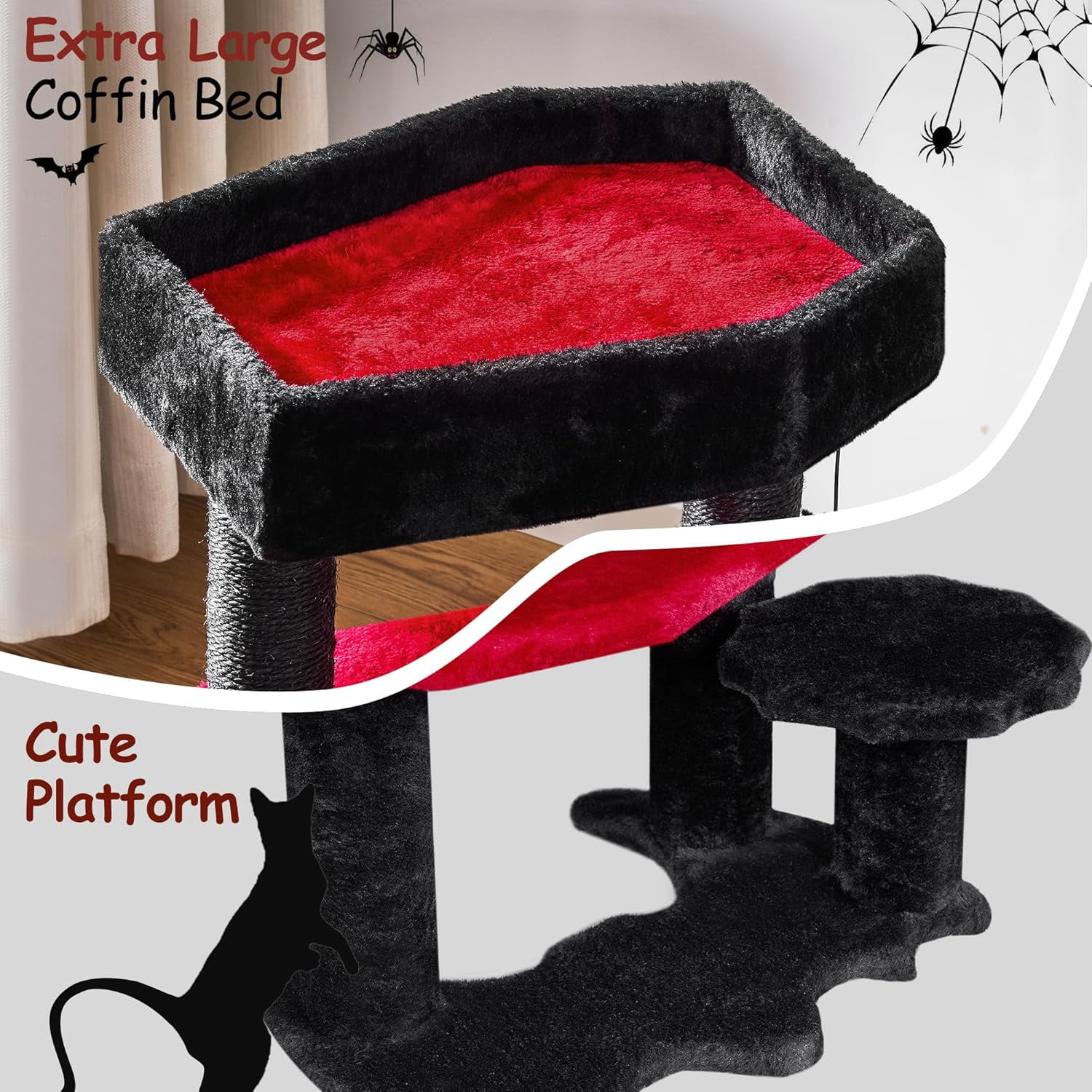 Gothic Cat Tree with Coffin Cat Bed Goth Cat Tower Coffin Cat Tree with Scratching Post, Spider Hanging Ball Halloween Black Red Pet Furniture MMJ94R