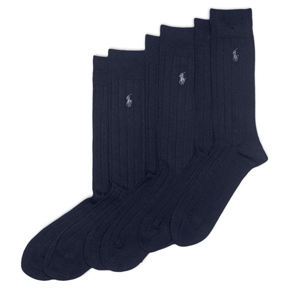 Polo Ralph Lauren Men's Cotton Ribbed Dress Crew Socks -3 Pair Pack-Soft and Lightweight Cotton Comfort, Navy, 6-12.5