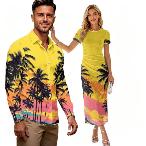 Chririnla Couples Matching Outfit Tropical Sunset Palm Print Luau Party Outfit for His or Her Vacation Party Bodycon Long Dress Match Mens Hawaiian Shirts for Couple Guest Clothes