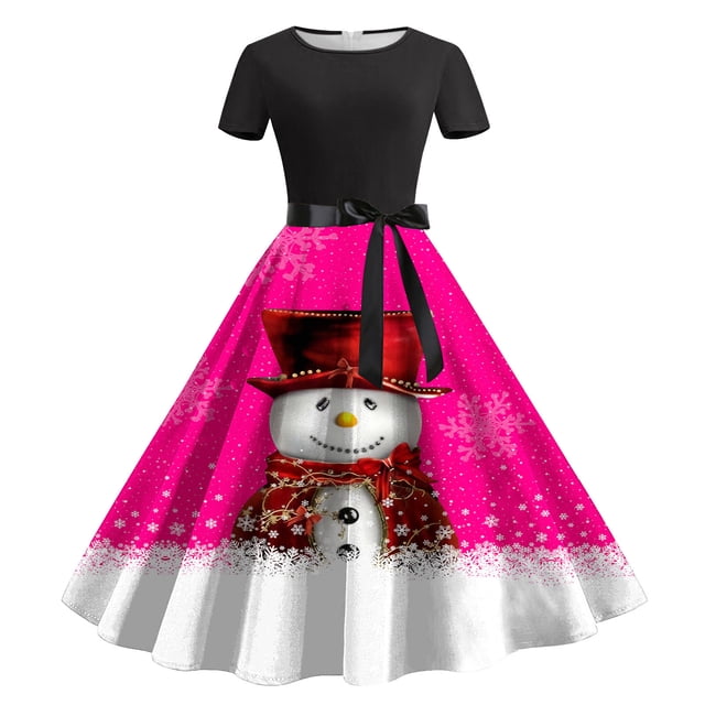 Pisexur Robe Mi-Mollet à Manches Courtes Col Rond Mode Décontractée pour Femmes Imprimé Floral Robe à Manches Courtes Col Rond Longueur Genou Robe pour Femmes