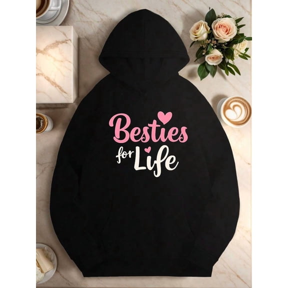 Women Besties For Life Matching Hoodie Pink Cursive Lettering Heart Design With BFF Logo Cozy  Pocket Pullover Machine Washable Winter Warmth Casual Sweatshirt For Or Group Gifts Women Size S-3XL