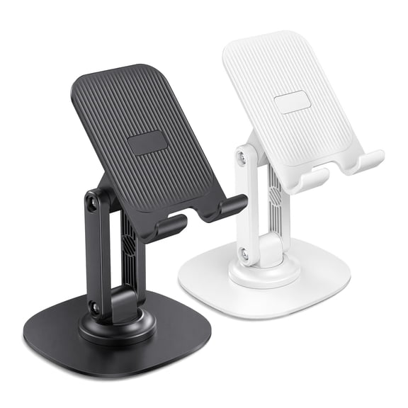 Adjustable Foldable Cell Phone Stand for Desk, 2 Pack 360 Swivel Mobile Holder Compatible with Smartphones, Black & White