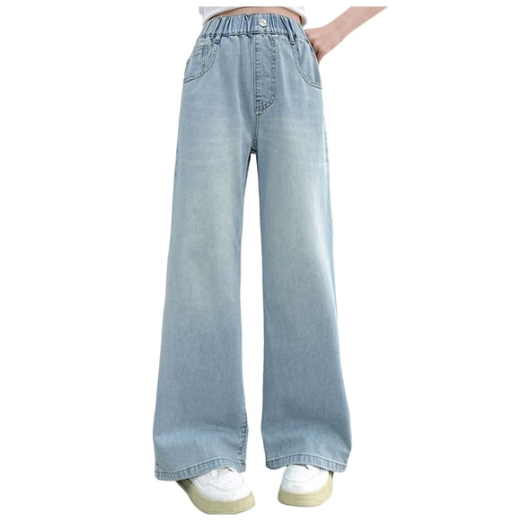Gubotare Tall Girl Jeans Kids Girls' Casual Wide Leg Baggy Ripped Jeans Cool Loose Fit Denim Pants Size 13-14 (Blue,13-14 Years)