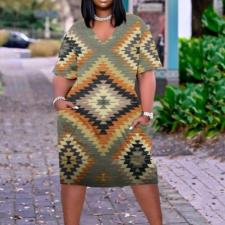 African Dresses For Women 2023 Women's Summer Plus Size V Neck Short Sleeve  Knee Pocket Casual Dress