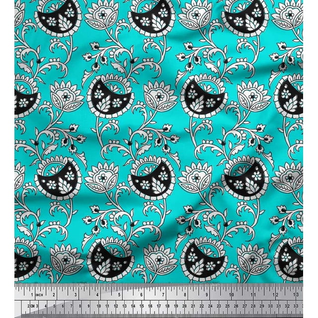Soimoi Polyester Crepe Fabric Leaves & Floral Block Decor Fabric Printed Yard 52 Inch Wide