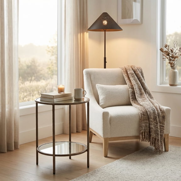Anelli Side Table Bronze End Table, Modern Style, Mirror Glass round shape tabletop, Steel, Indoor Living
