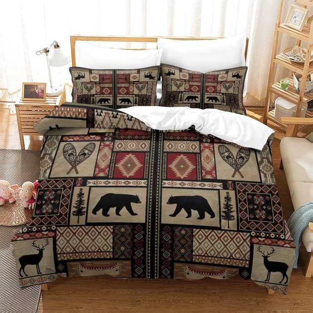 LAICAIW Ensemble de Courtepointes 3 Courtepointe Rustique Couvre-Lit Couvre-Lit Courtepointe Literie Campagne Patchwork Ours Literie Maison Courtepointe Légère Réversible Literie Rustique Animal de la Forêt Orignal Literie de Chalet Brun Simple(135