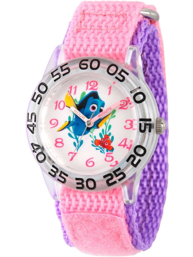 Finding Dory, Nemo and Dory Girls' Plastic Time Teacher Watch, Pink Hook and Loop Nylon Strap with Purple Backing