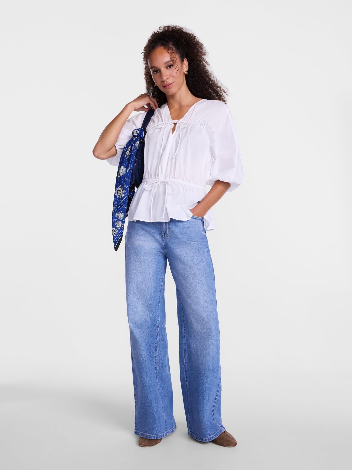 Scenario Women's Front Tie Peplum Top with 3/4-Length Sleeves, Size XS-XXXL