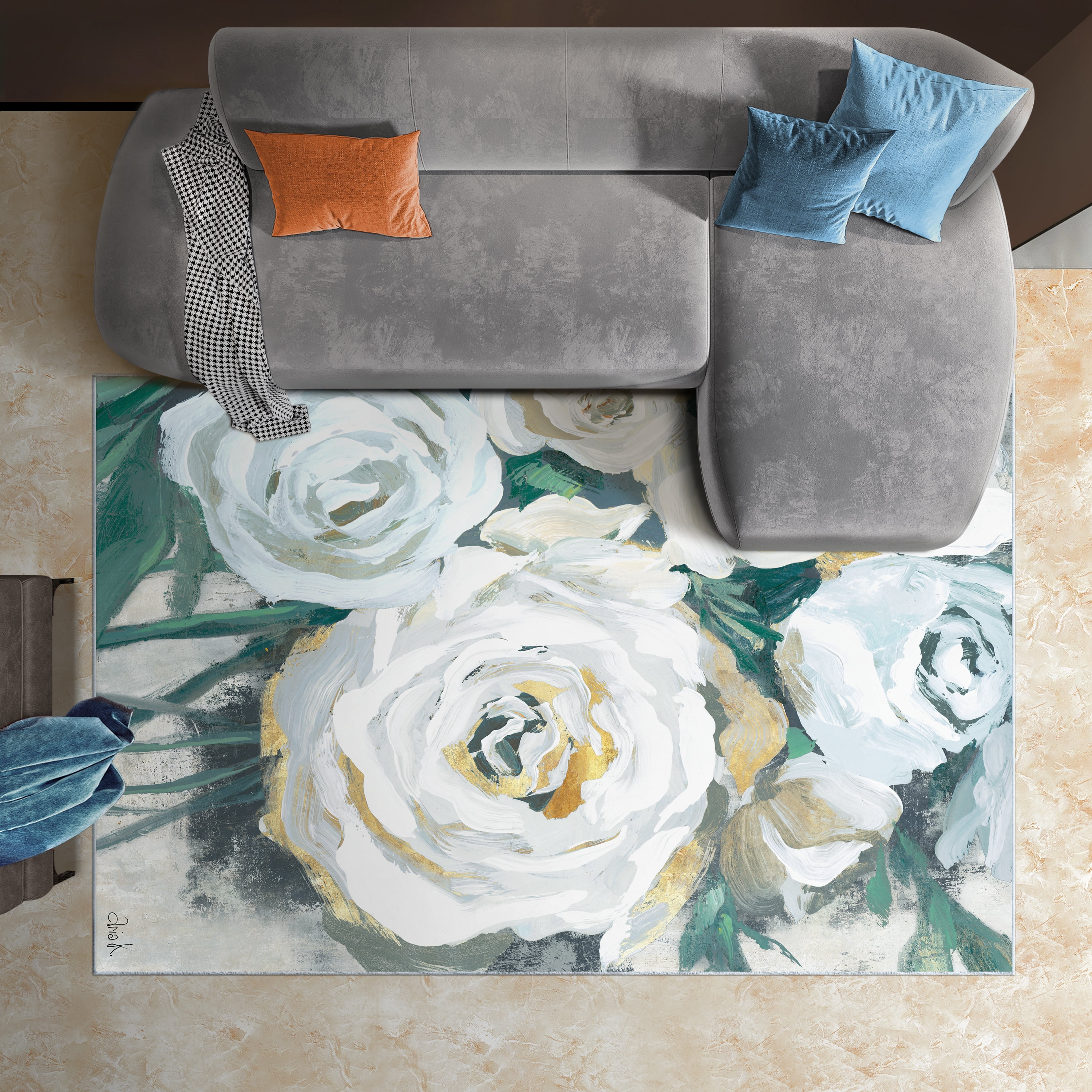 White Bouquet of Florals II Washable Art Area Rug size 5'x8'