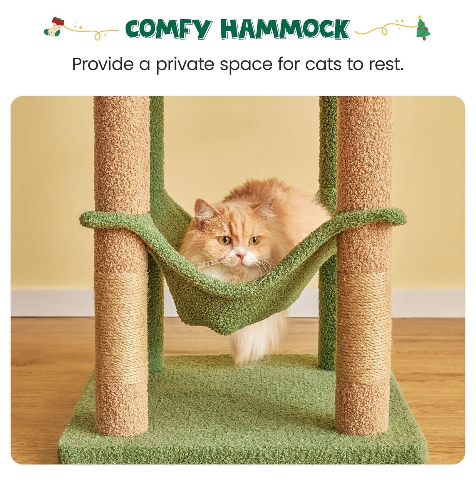 Cat Tree 63.8 Inches Green, Multi-Level Cat Tower with Scratching Posts, Hammock & Toys