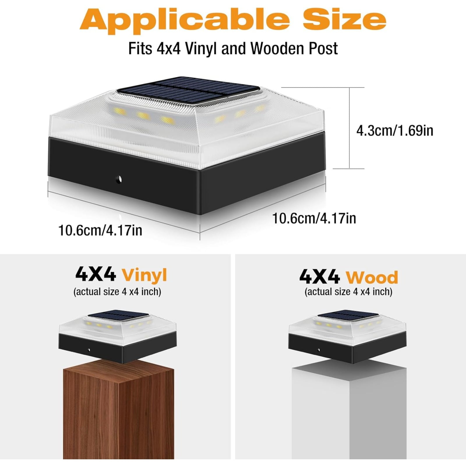 4 Pack 4x4 Solar Post Cap Lights Outdoor, Waterproof Dusk to Dawn 3 Color Modes LED Fence Post Lights for 4 inch Vinyl PVC Wood Posts Deck Driveway Porch Backyard Black