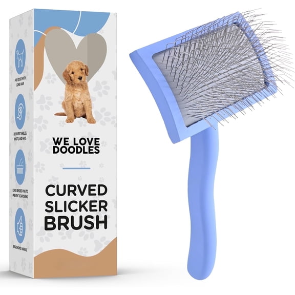 We Love Doodles Curved Dog Slicker Brush – Professional Grooming Brush for Long & Curly Hair, Removes Mats, Tangles & Loose Fur – Soft Pin Dematting & Deshedding Brush, Medium
