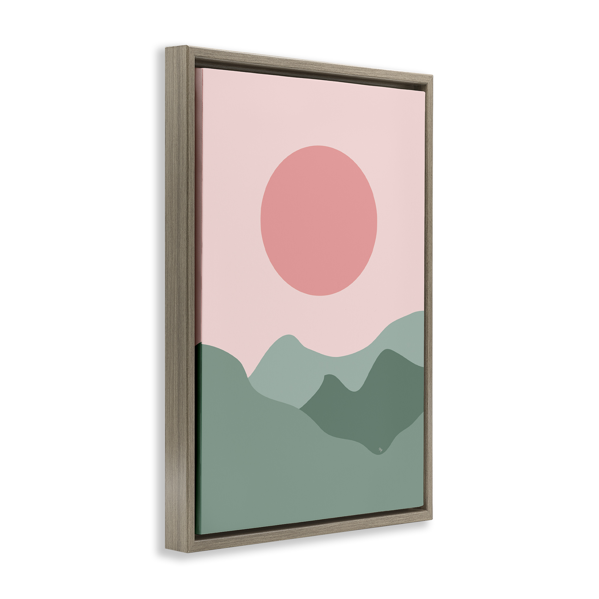 Stupell Industries Pink Sun Green Mountains Landscape & Nature Painting Brown Floater Framed Canvas Art Print Wall Art, 21 x 31