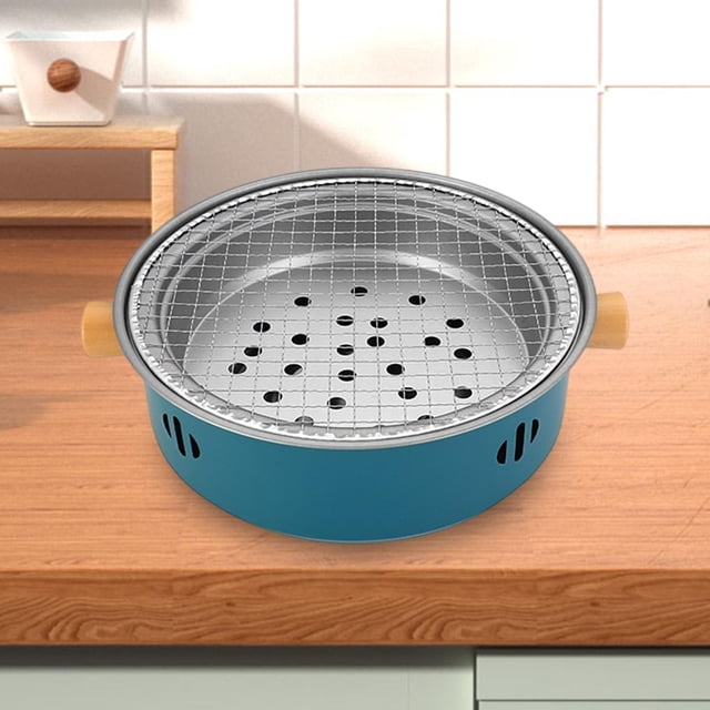Horno de té parrilla de barbacoa portátil con cuadrícula de parrilla, calentante de madera de fuego de madera para quemar mesa de horno de campamento, azul