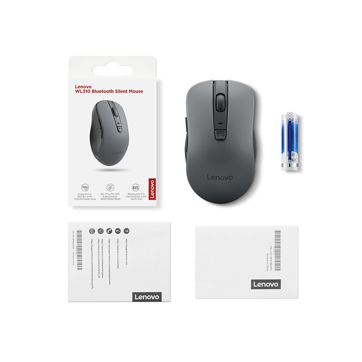 Lenovo WL310 Bluetooth Silent Mouse - Optical - Wireless - Bluetooth - Gray - 1600 dpi - Scroll Wheel - 6 Button(s) - Right-handed - AA Battery Supported - 1