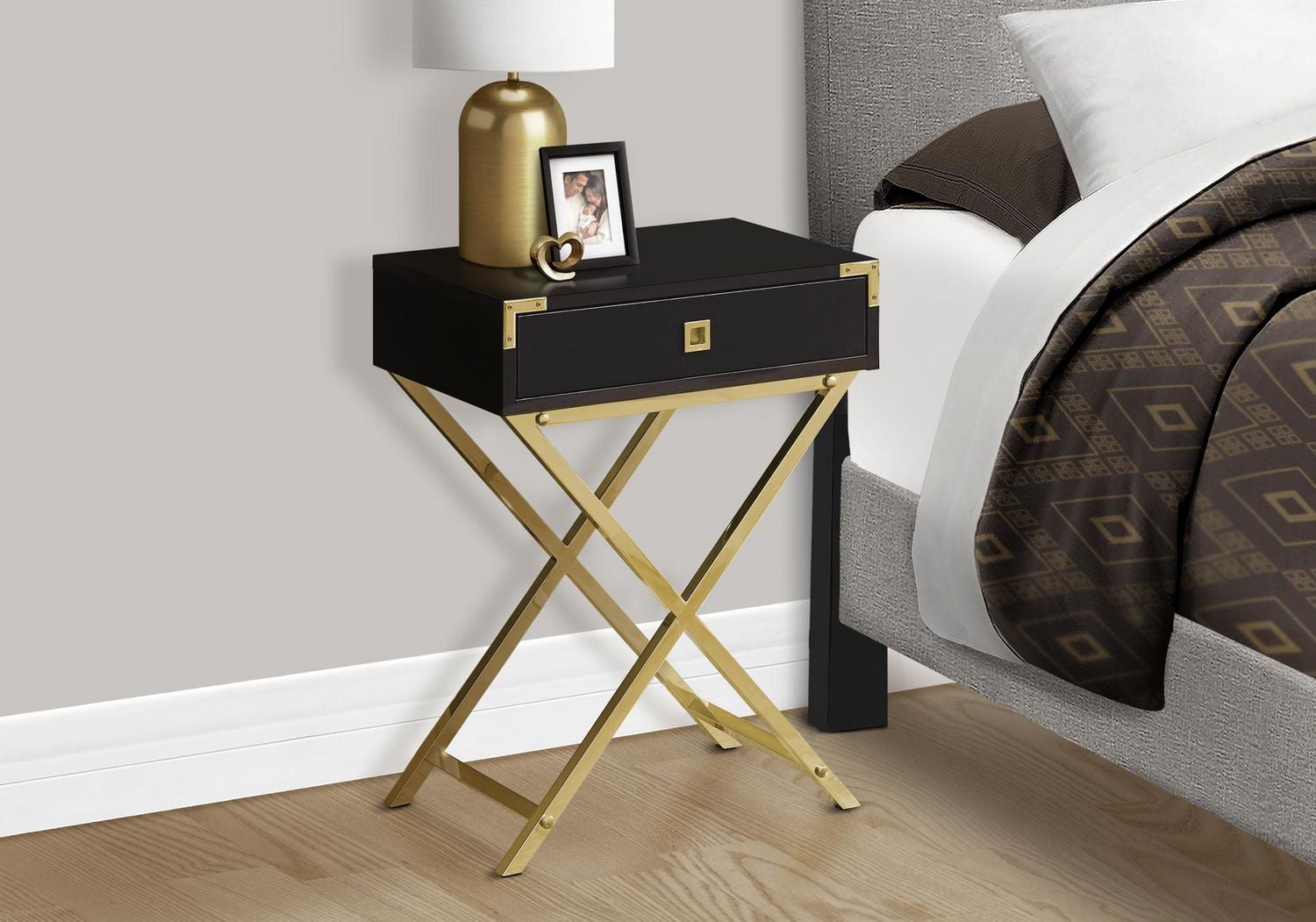 Monarch Specialties Accent Table, Side, End, Nightstand, Lamp, Storage Drawer, Living Room, Bedroom, Brown Laminate, Gold Metal, Contemporary, Modern