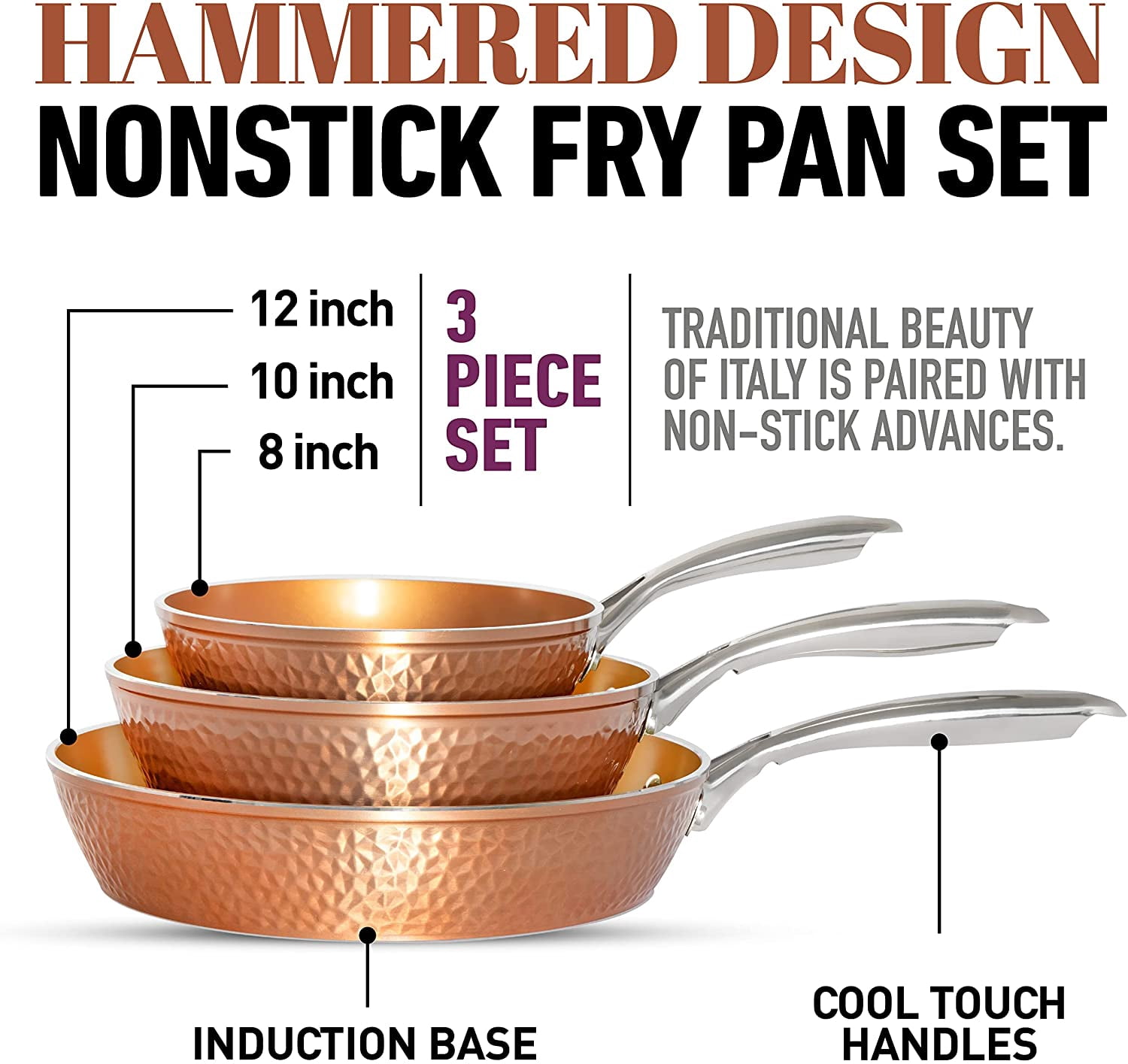 Gotham Steel Hammered Frying Pan Set, 3 Piece Nonstick Copper Fry Pans, 8”, 10” & 12” Skillet, Omelet Pan,  Dishwasher Safe, Cool Touch Handle