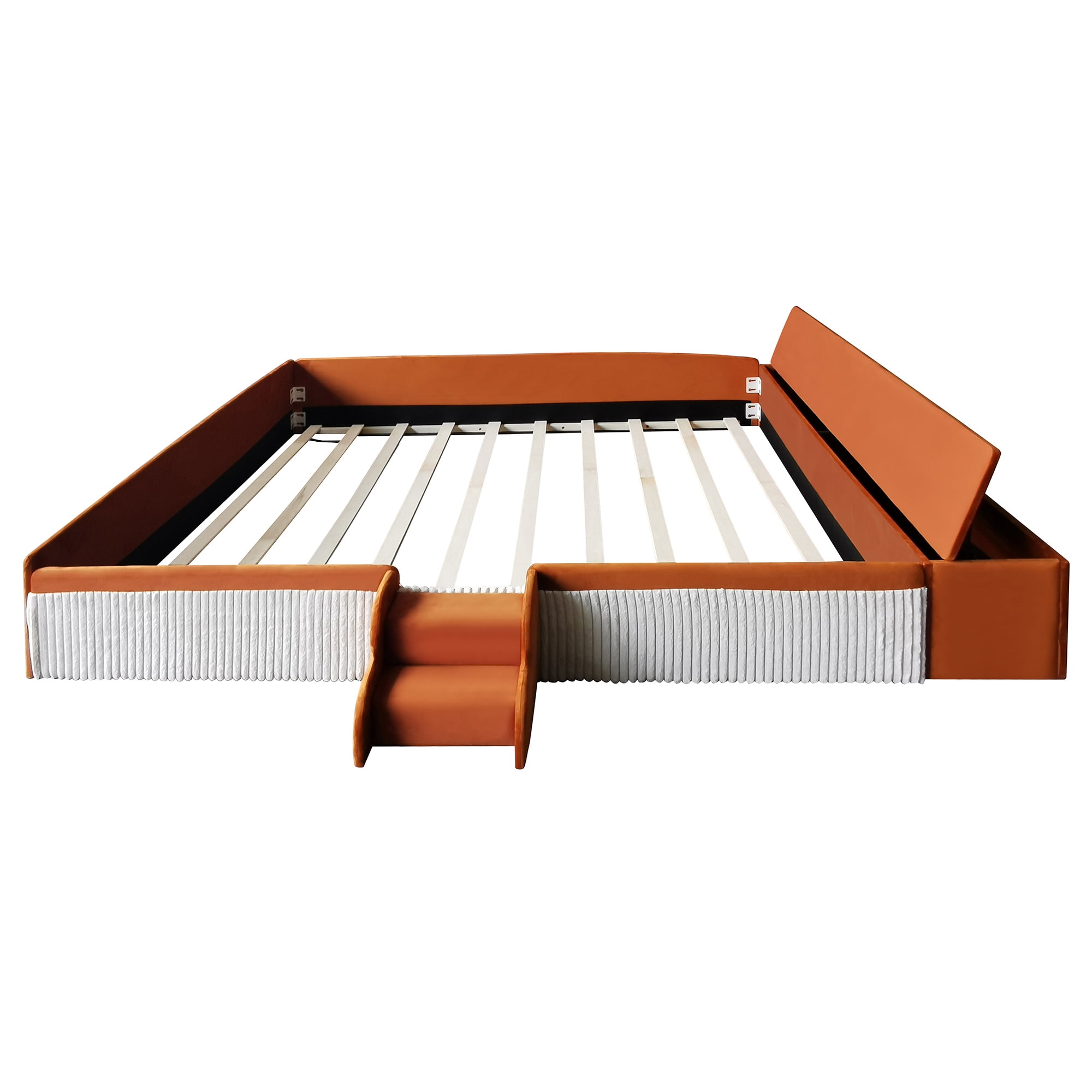 Leumius King Size Floor Bed Frame with Stairs & Gas Lift Storage Ottoman, Velvet Upholstered Daybed with Padded Guardrails, Brown+White