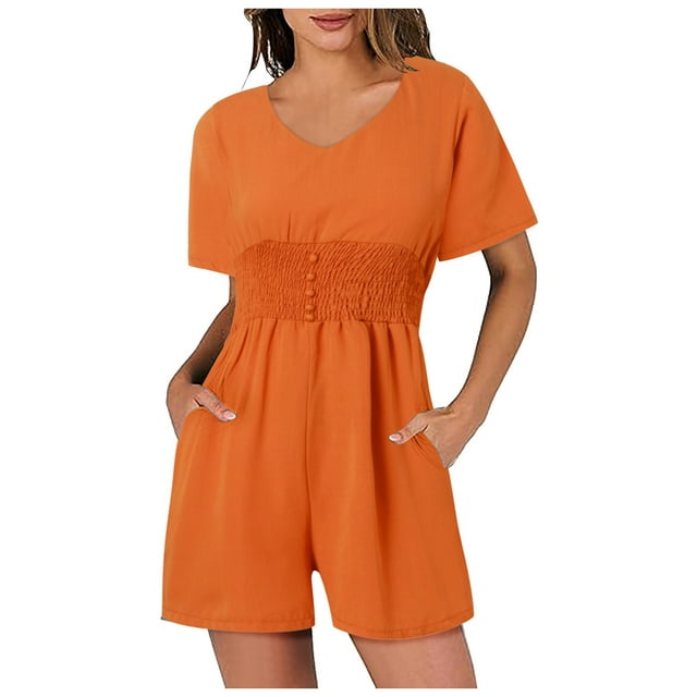 2DXuixsh Rompers for Women Women's Jumpsuit Summer V Neck Button Short Ruffle Sleeve Smocked Mini Short Romper Workout Casual Wide Legs Rompers Orange Size S