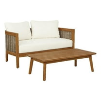 Linon Panama Loveseat & Table Set with Beige Cushions in Brown Acacia Wood