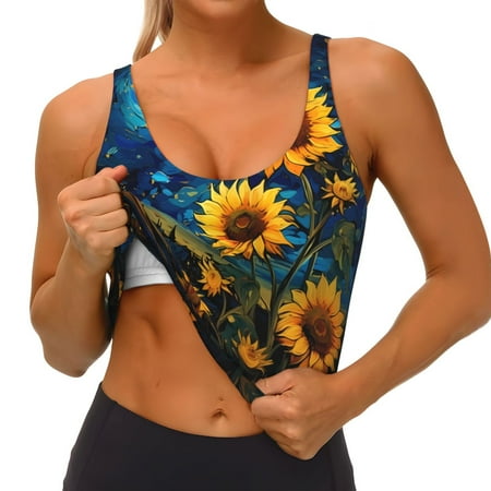 Qokaie Vintage Starry Sky Sunflower Pattern Womens Scoop Neck Sports Bra Breathable Workout Vest Padded U Back Medium Impact Fitness Gym Yoga Bra Workout Crop Top