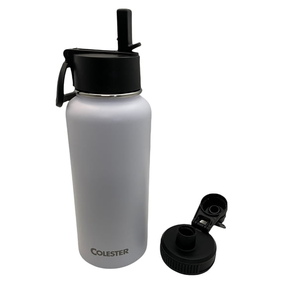 Colester Direct Stainless Steel Double-Insulated Water Bottle with Flip Top Straw Lid and Wide Mouth Lid, 32 oz White